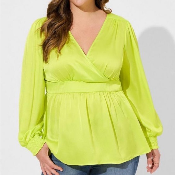 torrid Tops - Torrid Surplice Satin Peplum Top Lime Green Tie Open Back Long Sleeve 1X Dressy